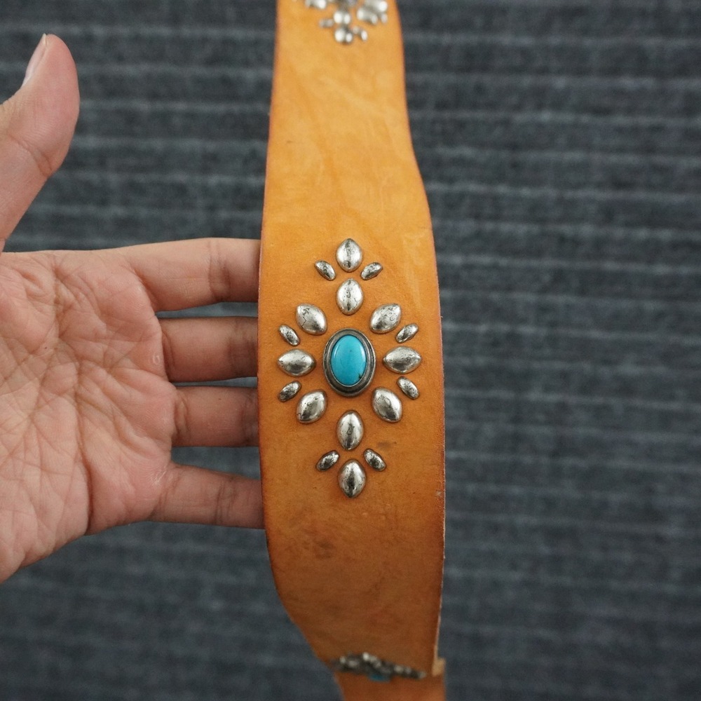 Vintage Sundance Leather Belt Women Medium Tan Turquoise Studded Italy